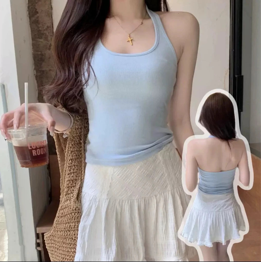 纯棉辣妹甜辣挂脖露锁骨吊带背心女夏季无胸垫外穿美背打底衫上衣