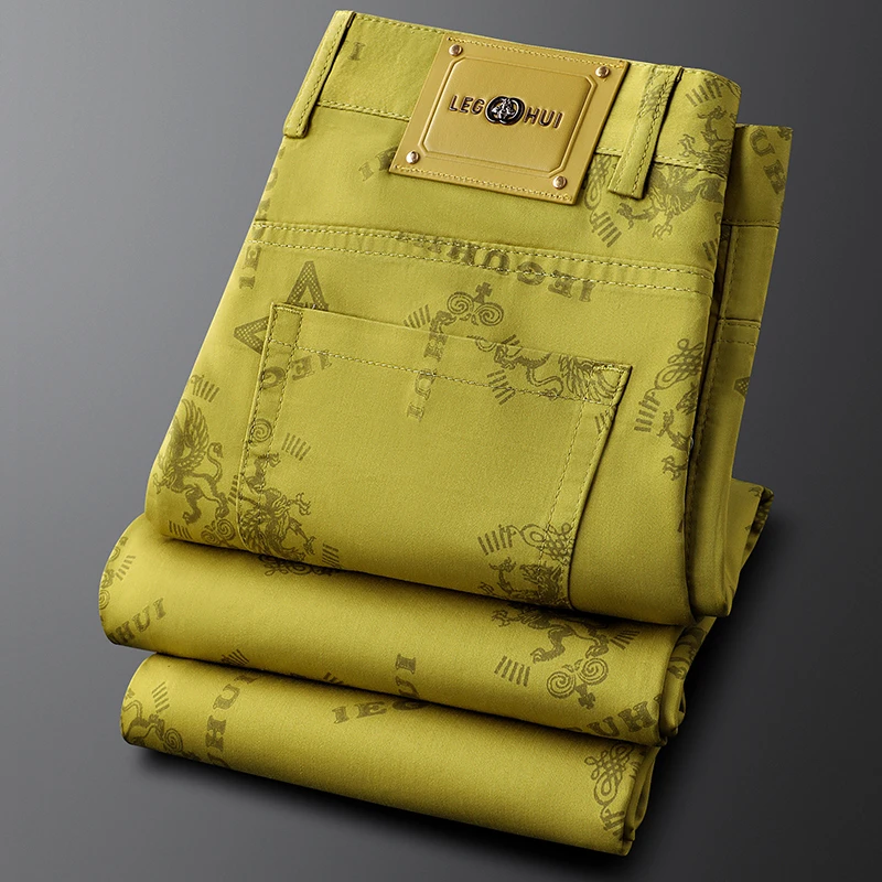 轻奢男士绿色时尚印花休闲裤男2025春夏季薄款修身小脚彩色男裤潮