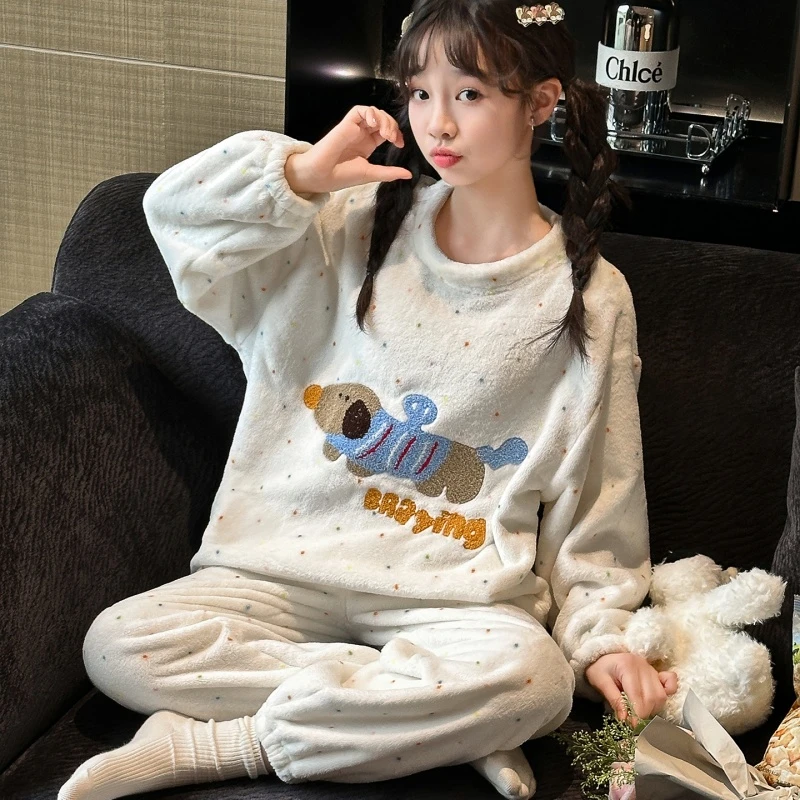 女童秋冬新款睡衣厚款冬季保暖睡衣家居服套装春秋韩版长袖套装潮