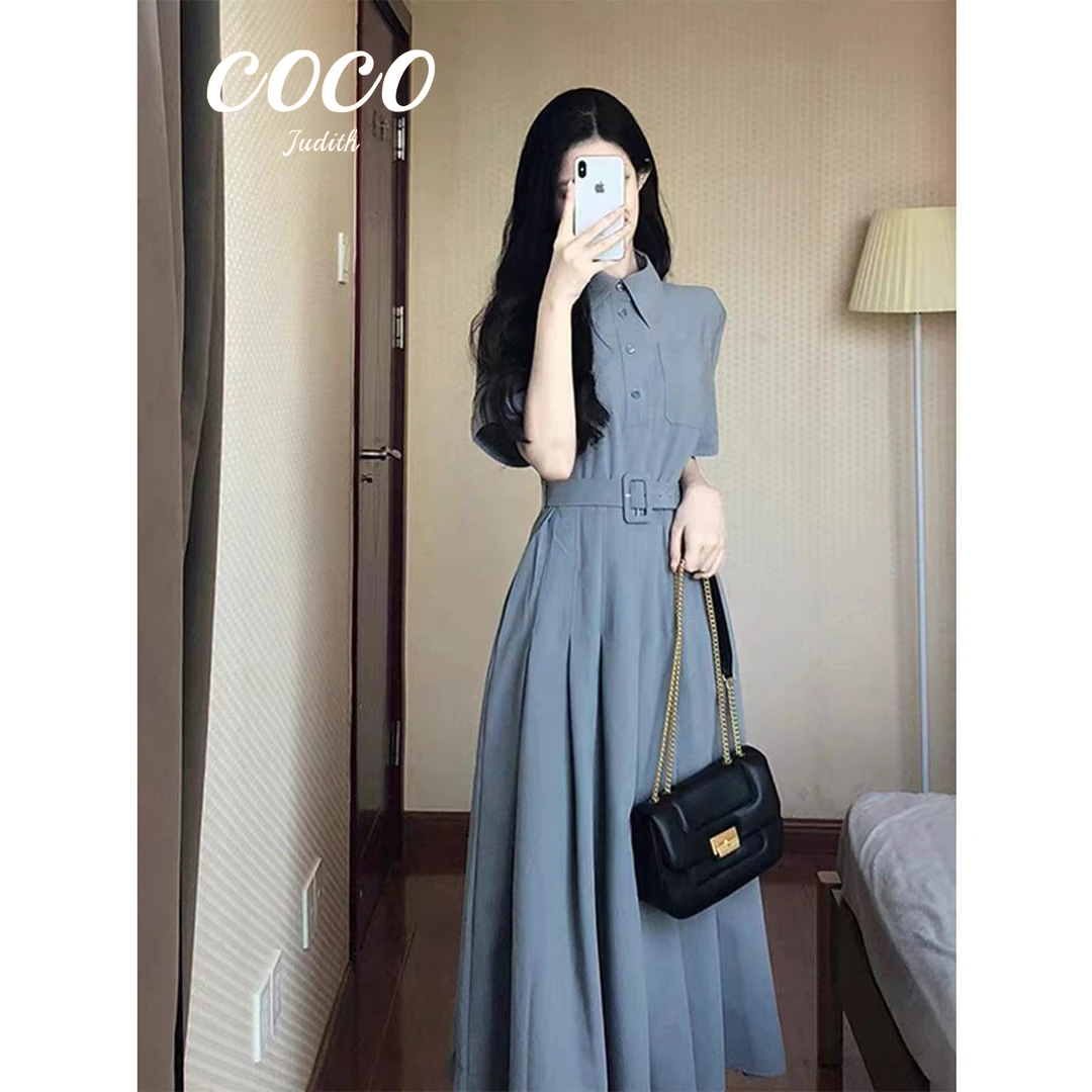 【RG6178】2025年新款百搭时尚法式气质高级设计感蓝色衬衫连衣裙