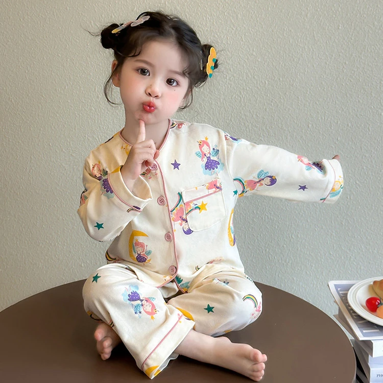 女童纯棉睡衣春秋季薄款女孩公主宝宝长袖春款儿童开衫家居服套装