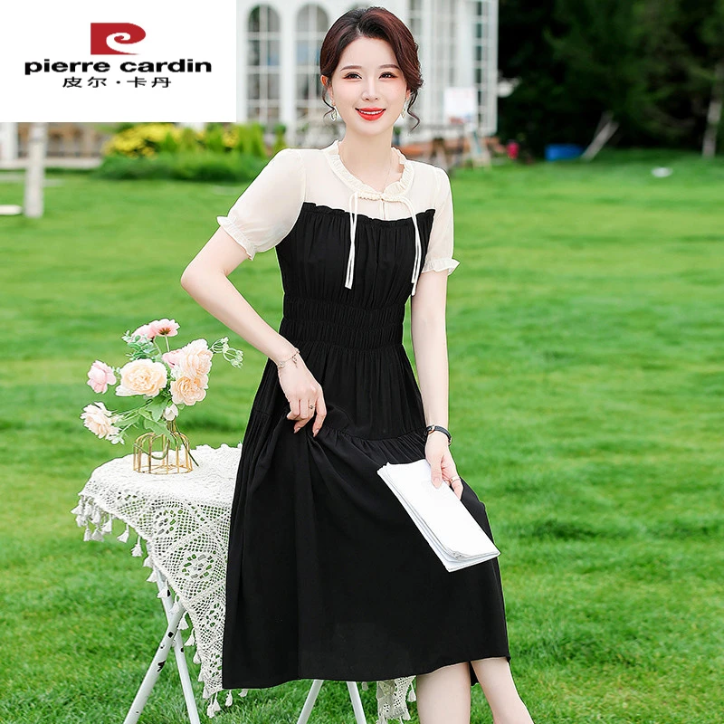 皮尔卡丹妈妈时尚假两件短袖连衣裙女夏季新款新款气质女士显瘦黑