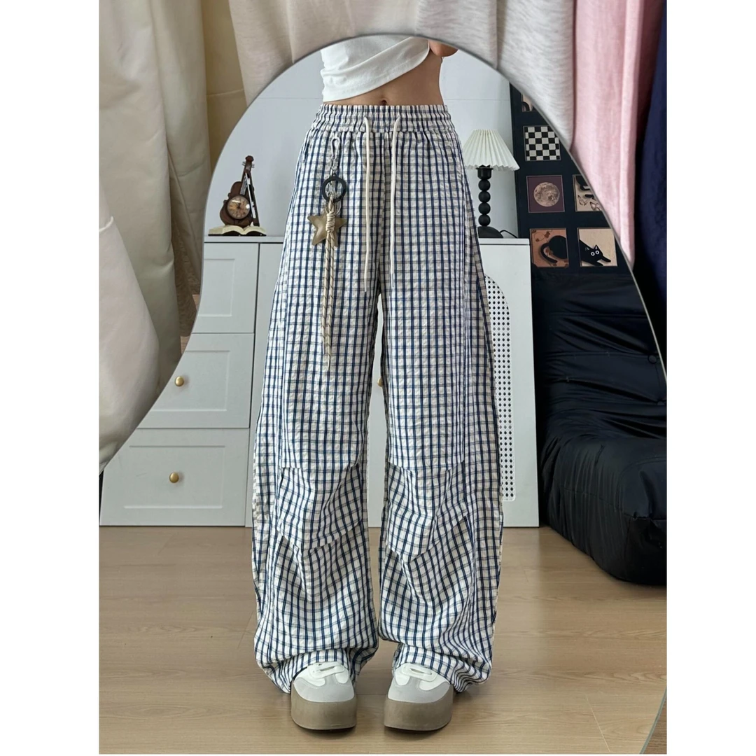 蓝色格子弯刀裤大码微胖mm垂感慵懒休闲工装裤遮肉显瘦百搭直筒裤