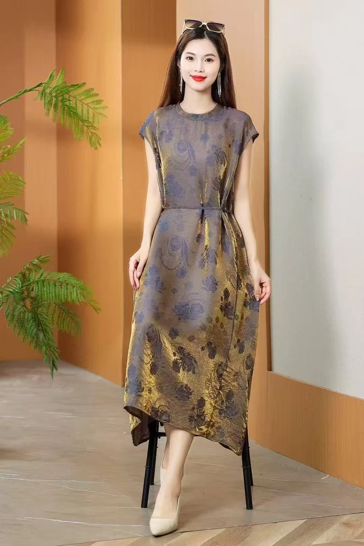 【浮光锦 ，香云】气质时尚夏季纯色女士收腰优雅显中长款连衣裙6359