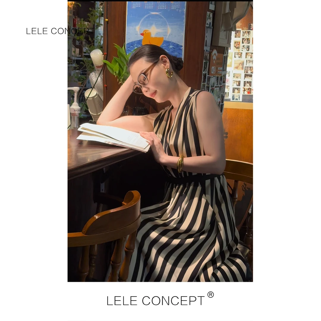 【钢琴键】新款高级感气质琴键条纹腰带连衣裙Q0553