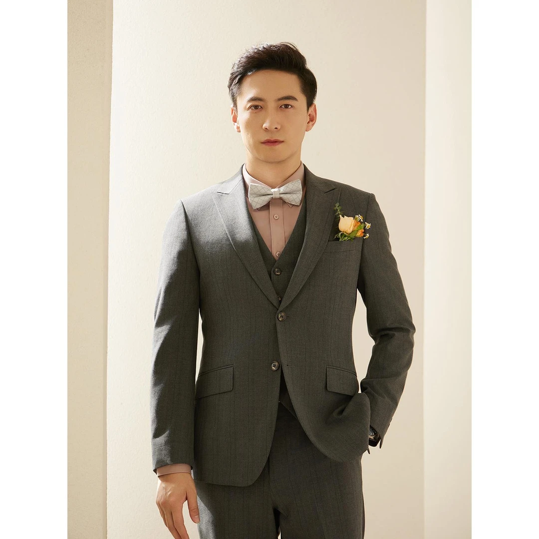 【西服三件套】利郎男士婚礼双开叉条纹灰色职业西服九分裤 24QXF03