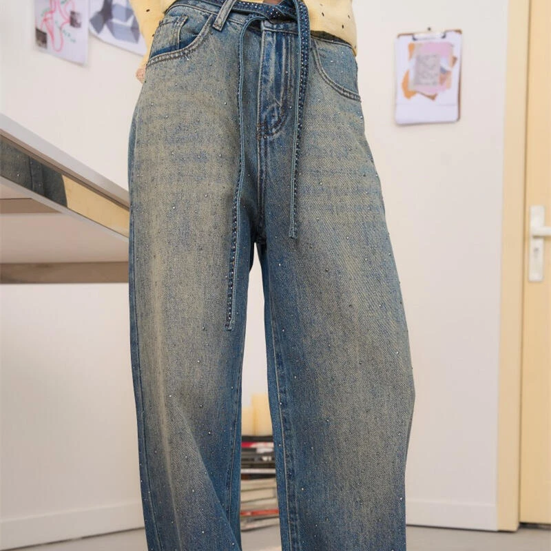 Cloud season【现货】星光渐变直筒高腰百搭牛仔长裤弯刀宽松牛仔裤