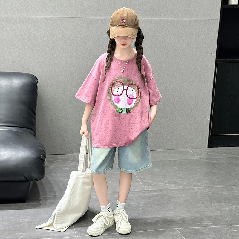 女童夏季短袖T恤套装2025新款洋气时髦儿童装休闲T牛仔中裤两件套