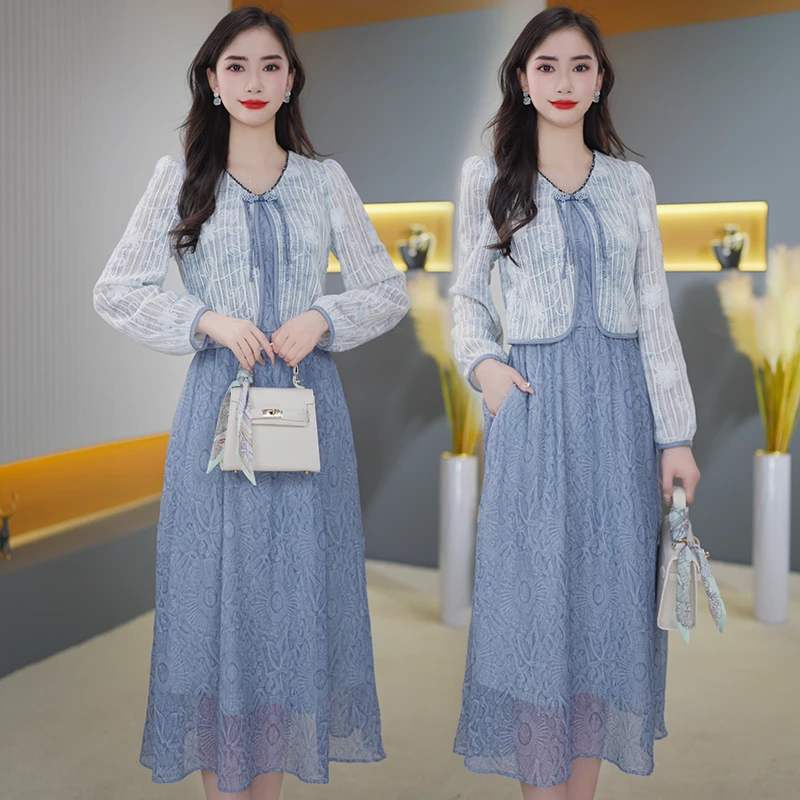【高货定制】B239蓝色新款优雅气质时尚减龄休闲收腰显瘦连衣裙