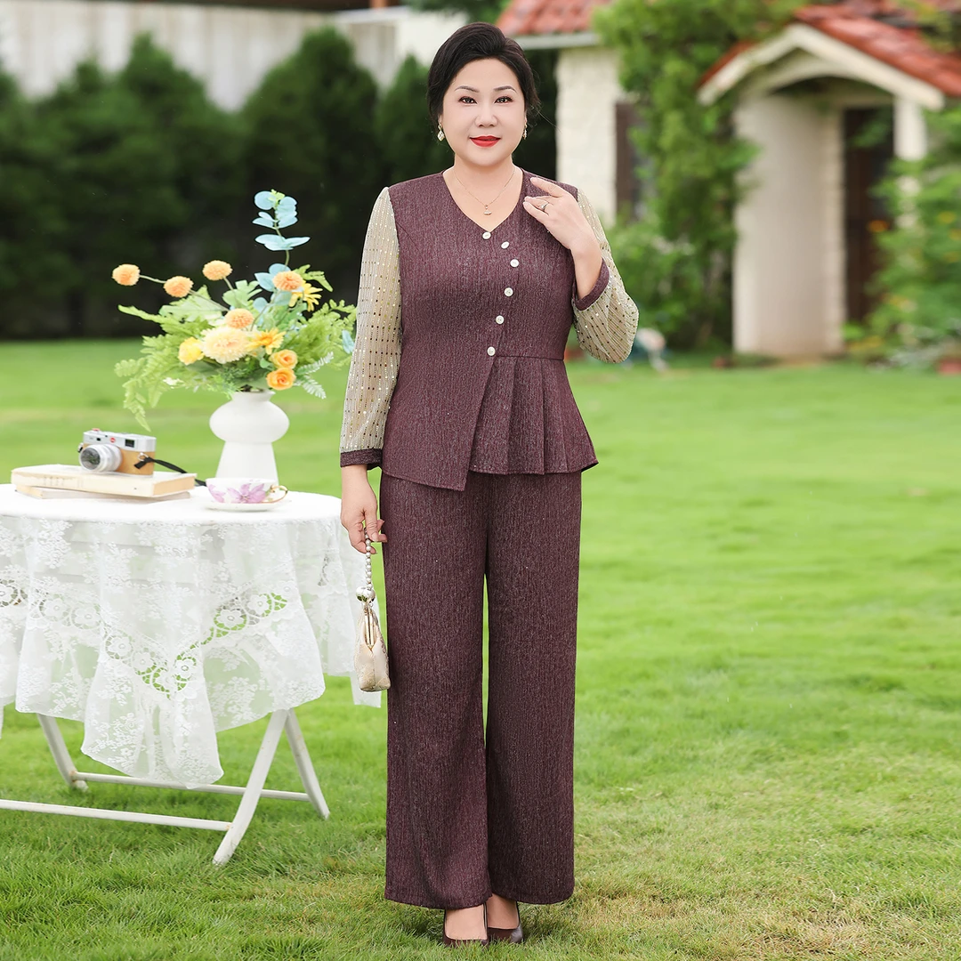 胖妈妈时尚套装休闲气质设计感长袖衫九分长裤中年女士通勤两件套