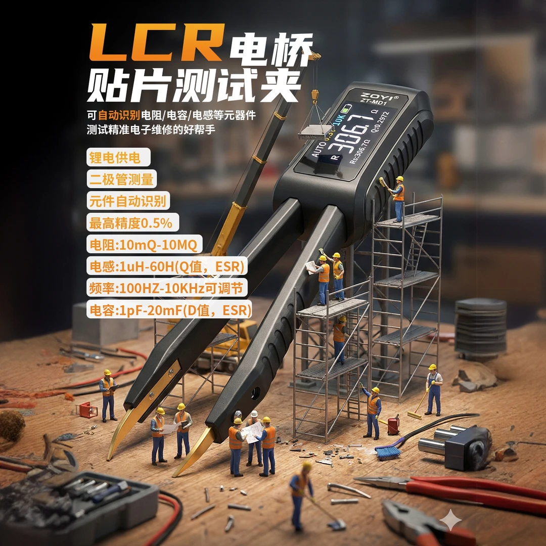 众仪ZT-MD1 智能镊子LCR数字电桥测试仪，一键测量电阻电容电感