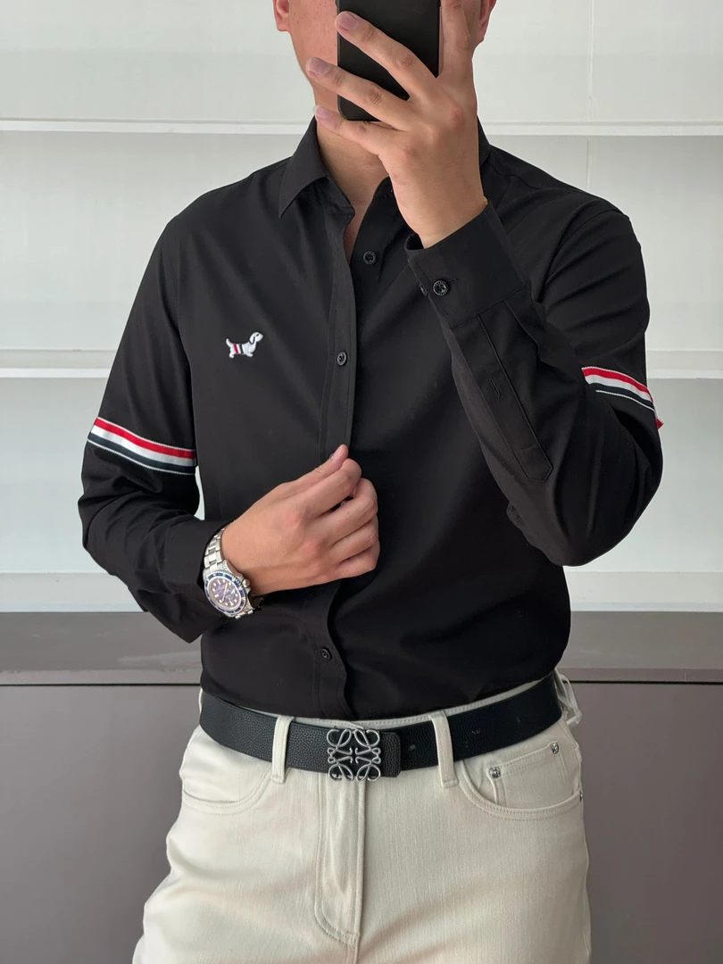 男士修身抗皱免烫弹力百搭商务休闲西装内搭时尚白色刺绣衬衫衬衣