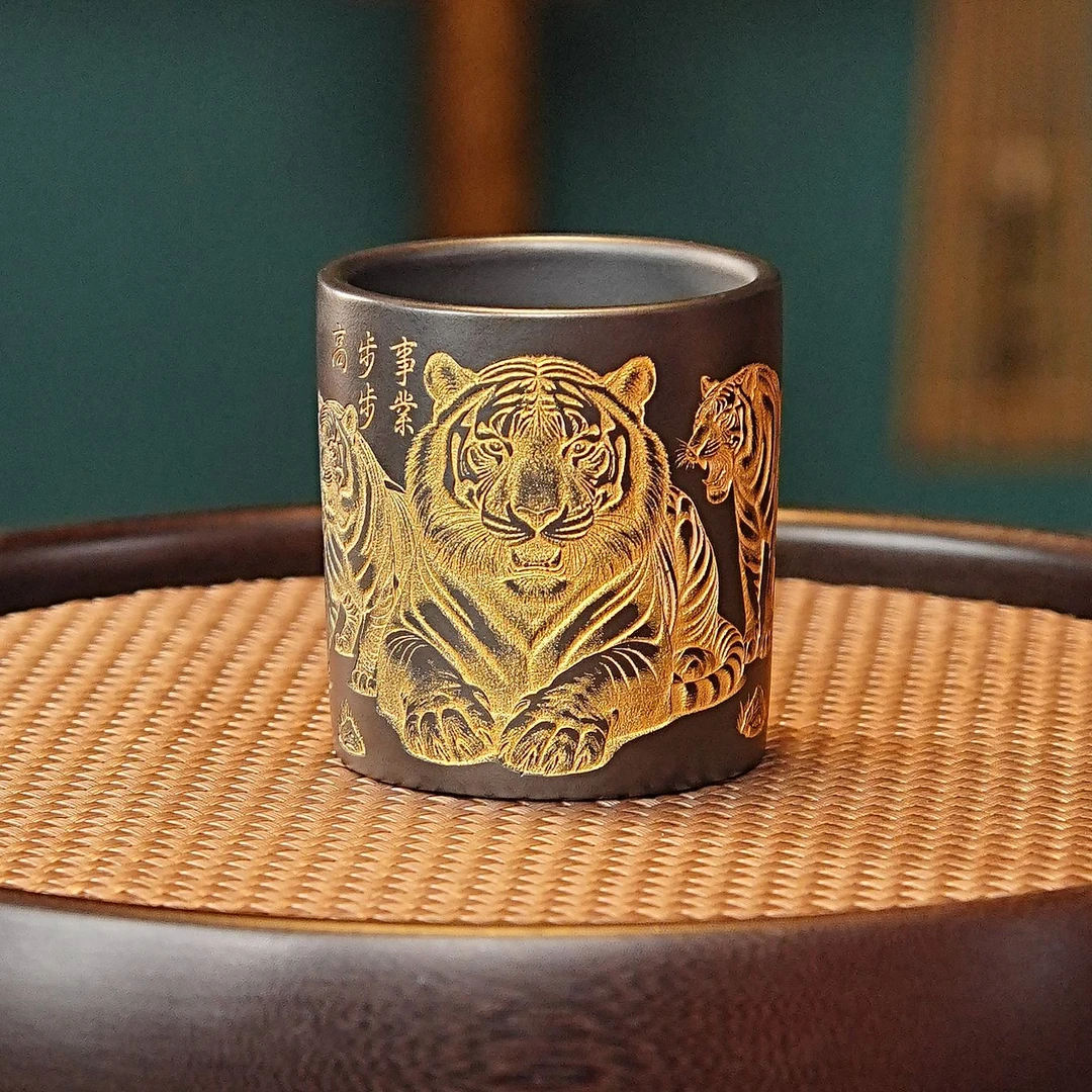 宜兴全手工紫砂茶具 原矿石黄泥料刻绘五虎主人杯品茗杯