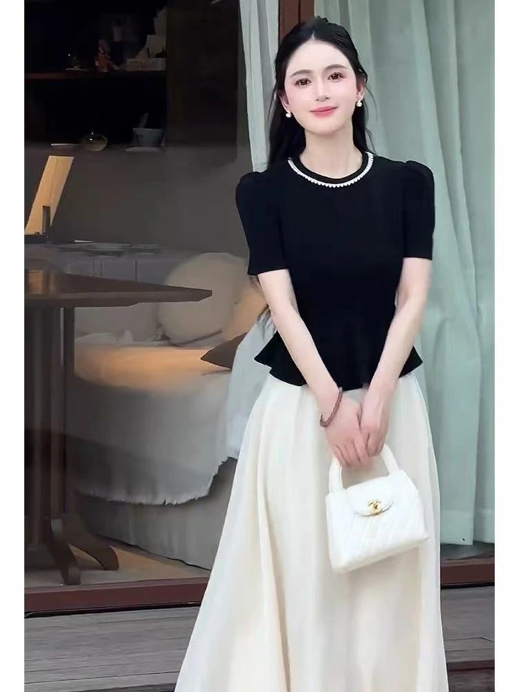 5587款小香风套装裙女夏季高级感收腰短袖上衣高腰半身裙两件套