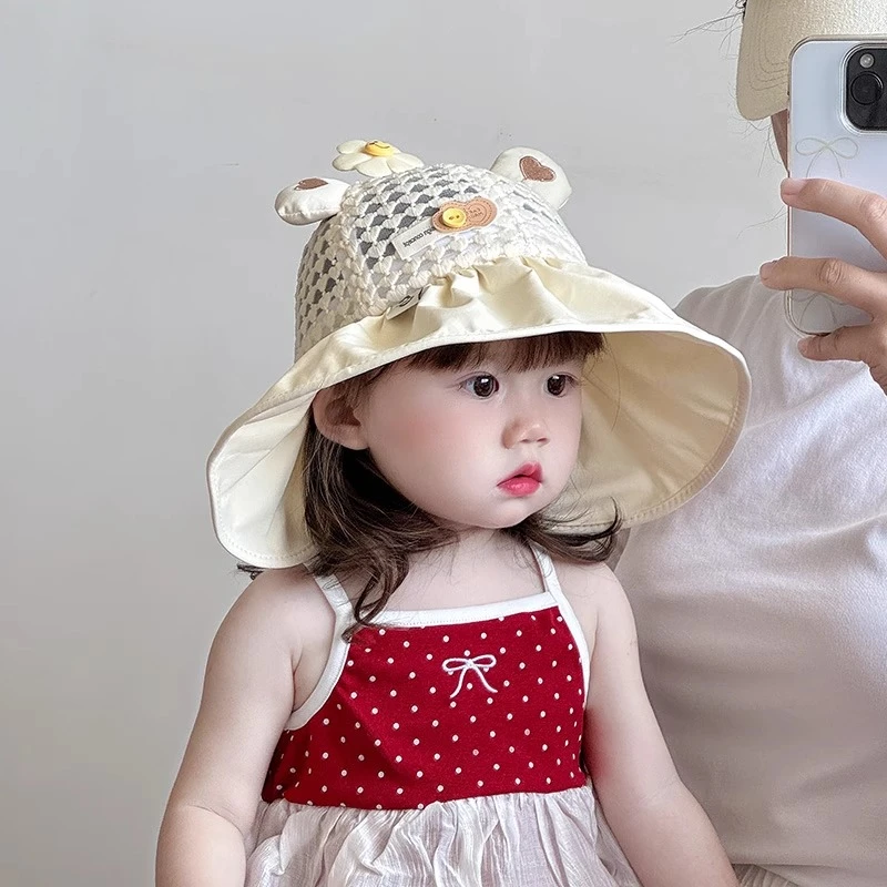 女宝宝帽子夏季薄款透气网纱大帽檐渔夫帽儿童出游韩版遮阳防晒帽