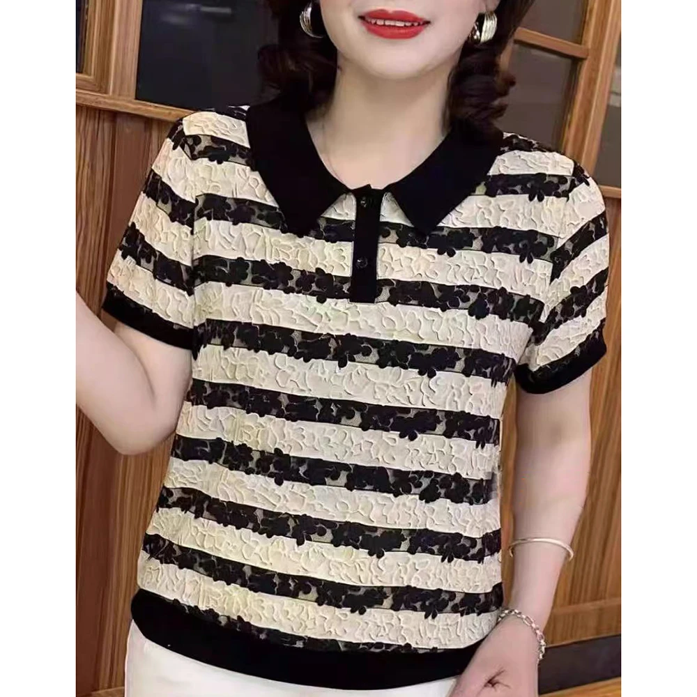 【夏季新款】条纹撞色钩花镂空翻领洋气减龄百搭小衫CS6019  衣长60