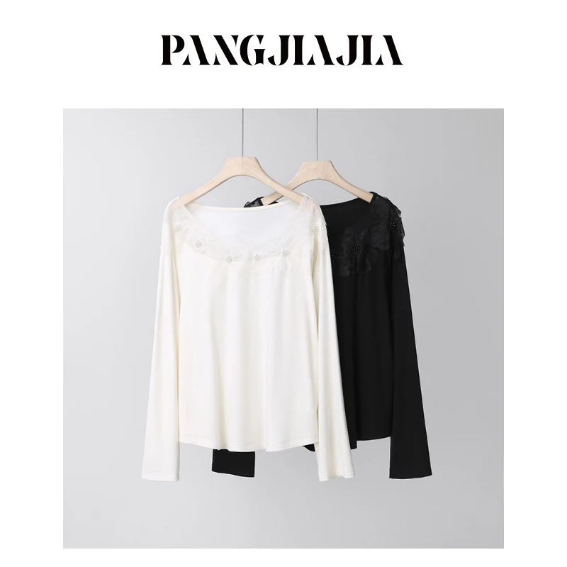 【胖佳佳】再现优雅 定制蕾丝花朵T恤冬季气质百搭打底H624Z21572