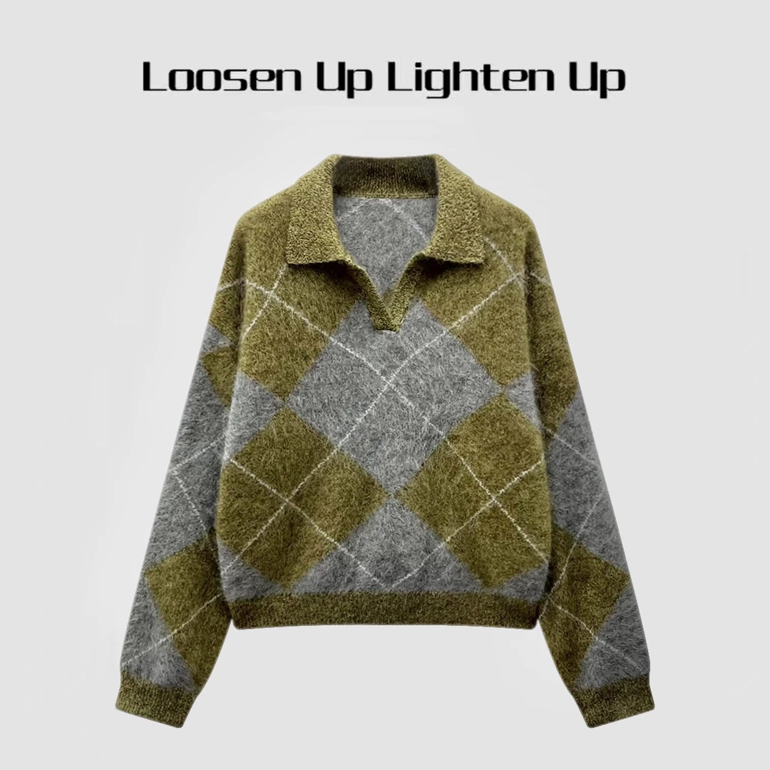 Loosen Up【Miu系菱格羊毛衫】重磅拉毛感定染花纱复古V领针织毛衣