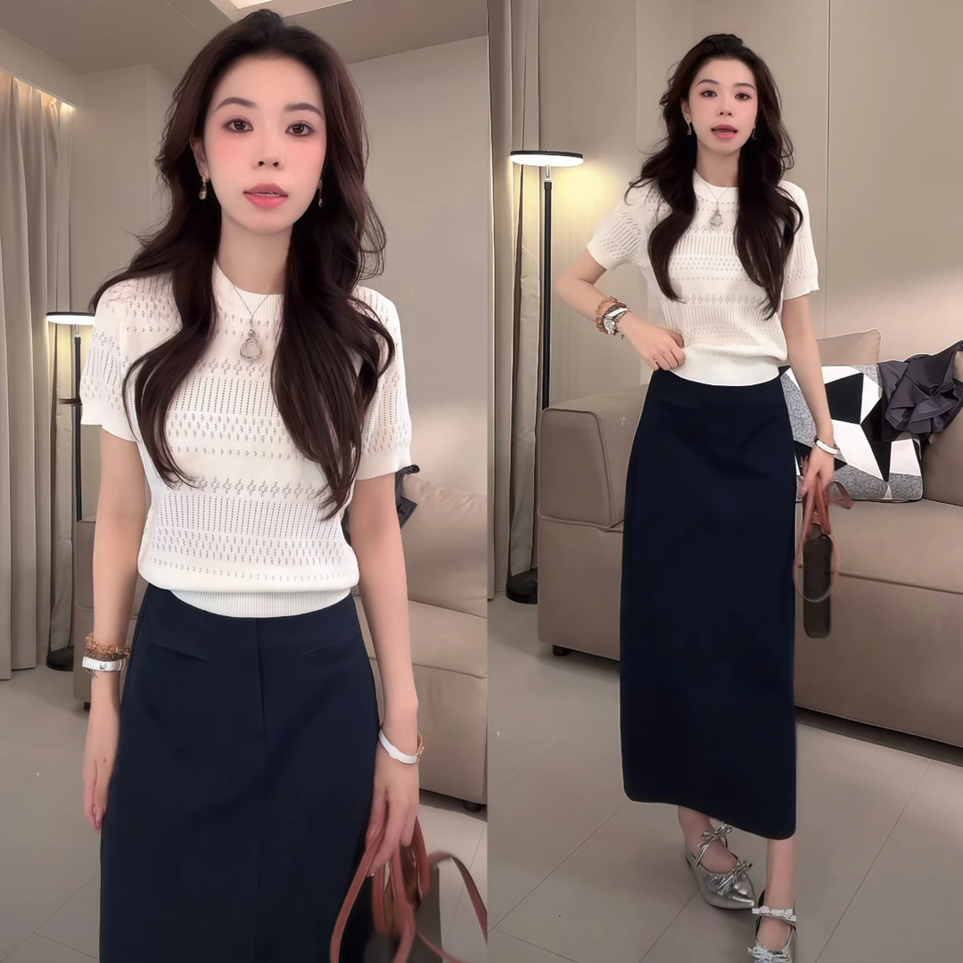 洋气休闲装2025夏季镂空针织短袖上衣修身百搭半身裙显瘦气质套装