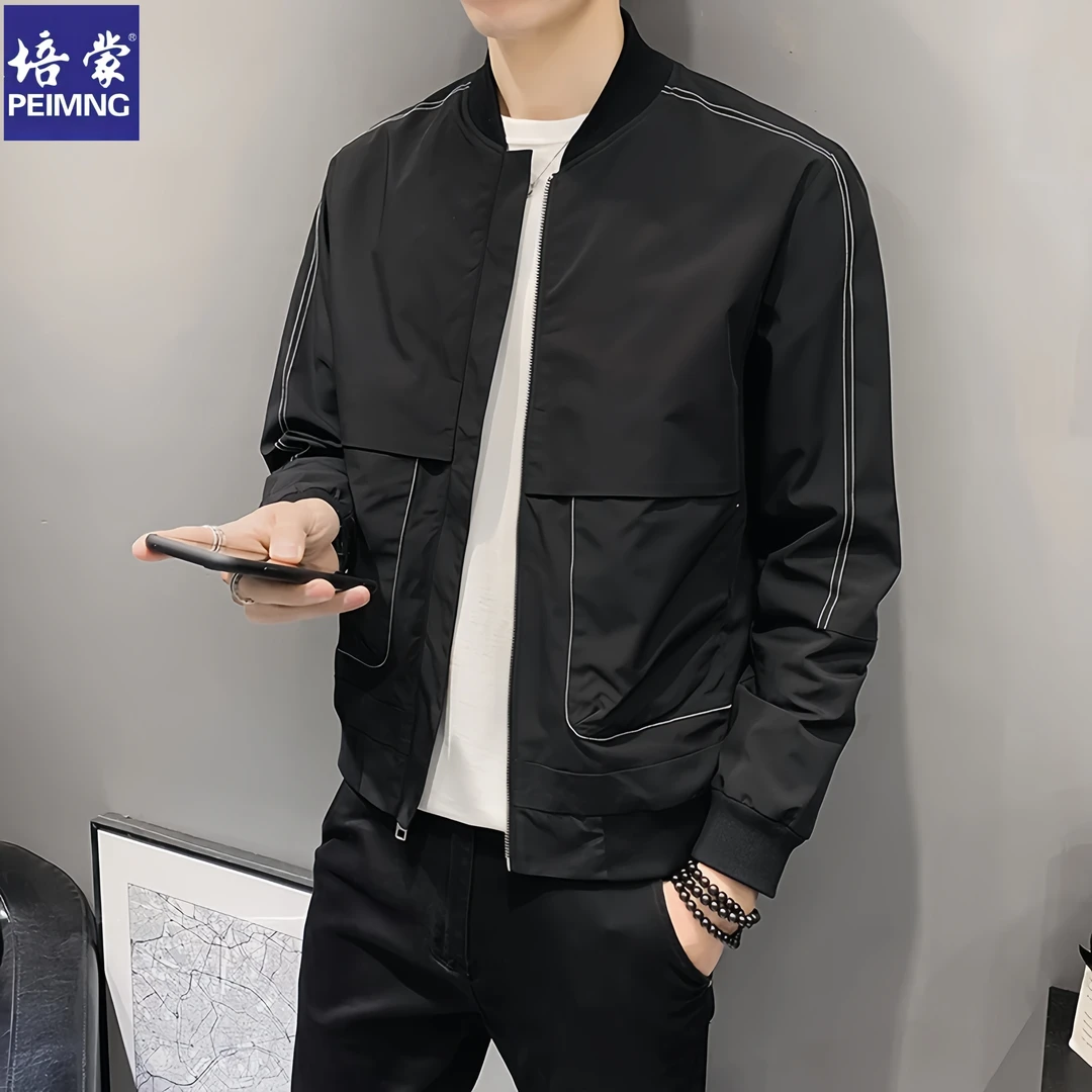 培蒙外套男士2025春秋季男款韩版修身纯色休闲棒球领夹克潮流百搭