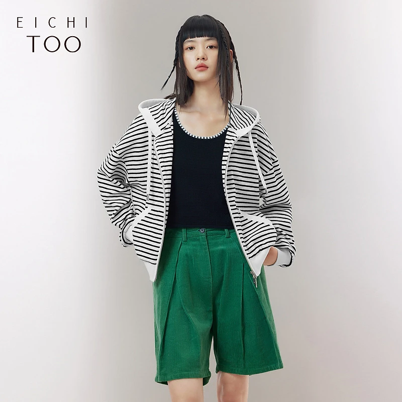 爱居兔经典黑白条纹卫衣女新慵懒感连帽夹克外套EWJAJ3P012A