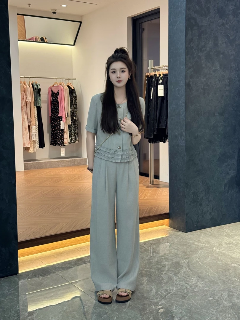 宿慕SUMU 夏季短袖套装2025新款5-17上衣+长裤时尚两件套5059