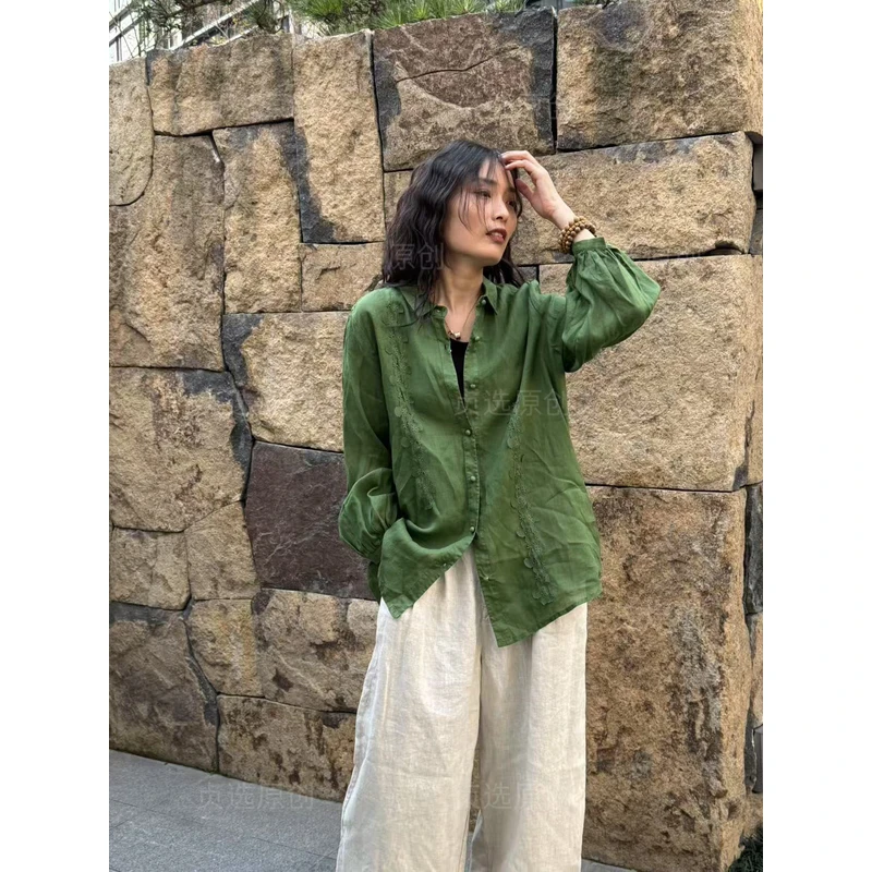 50598-春季翻领苎麻衬衫新款宽松休闲百搭时尚长袖上衣