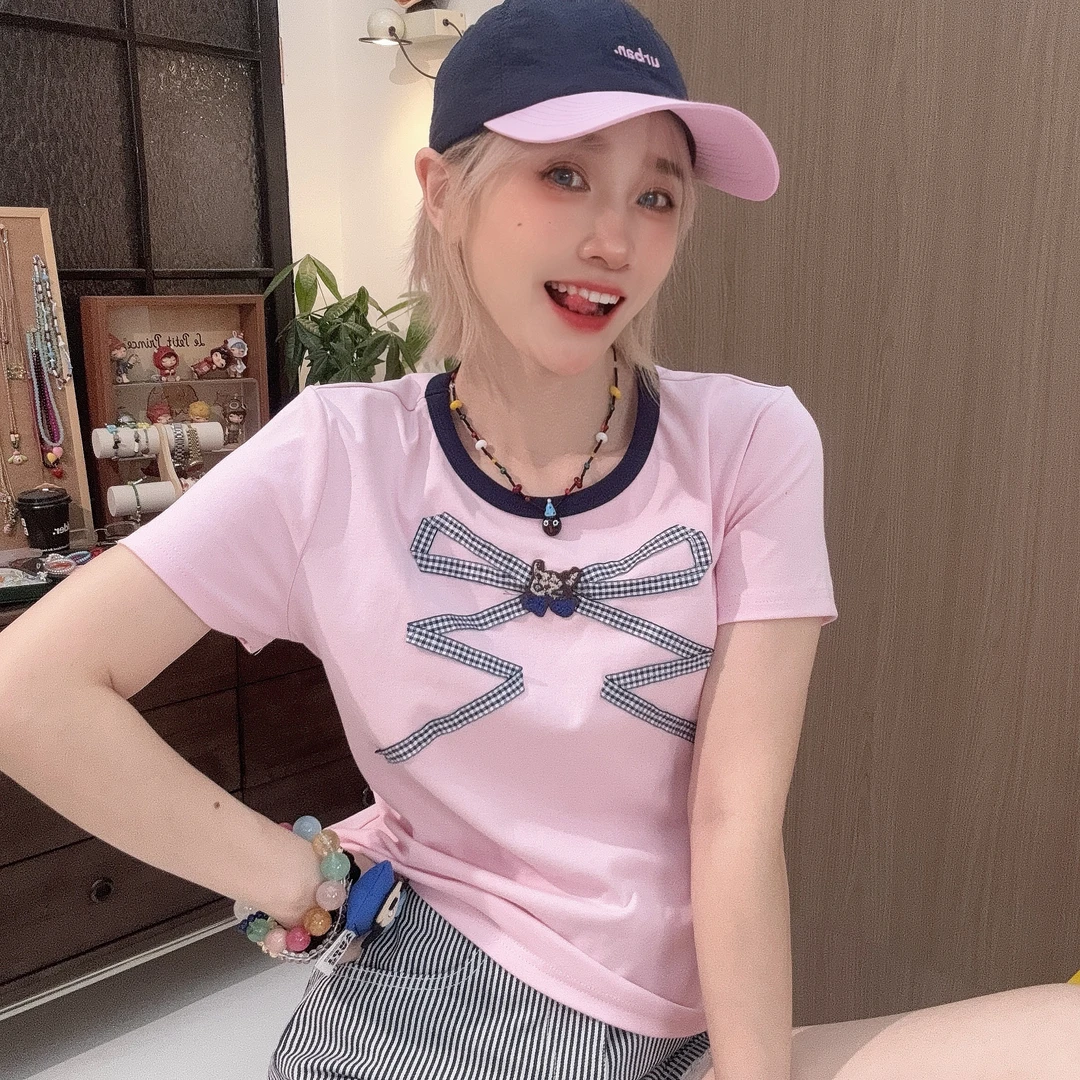 Apr.【蝴蝶喵】立体贴布刺绣夏季显瘦百搭时尚短袖T恤女新款25F091