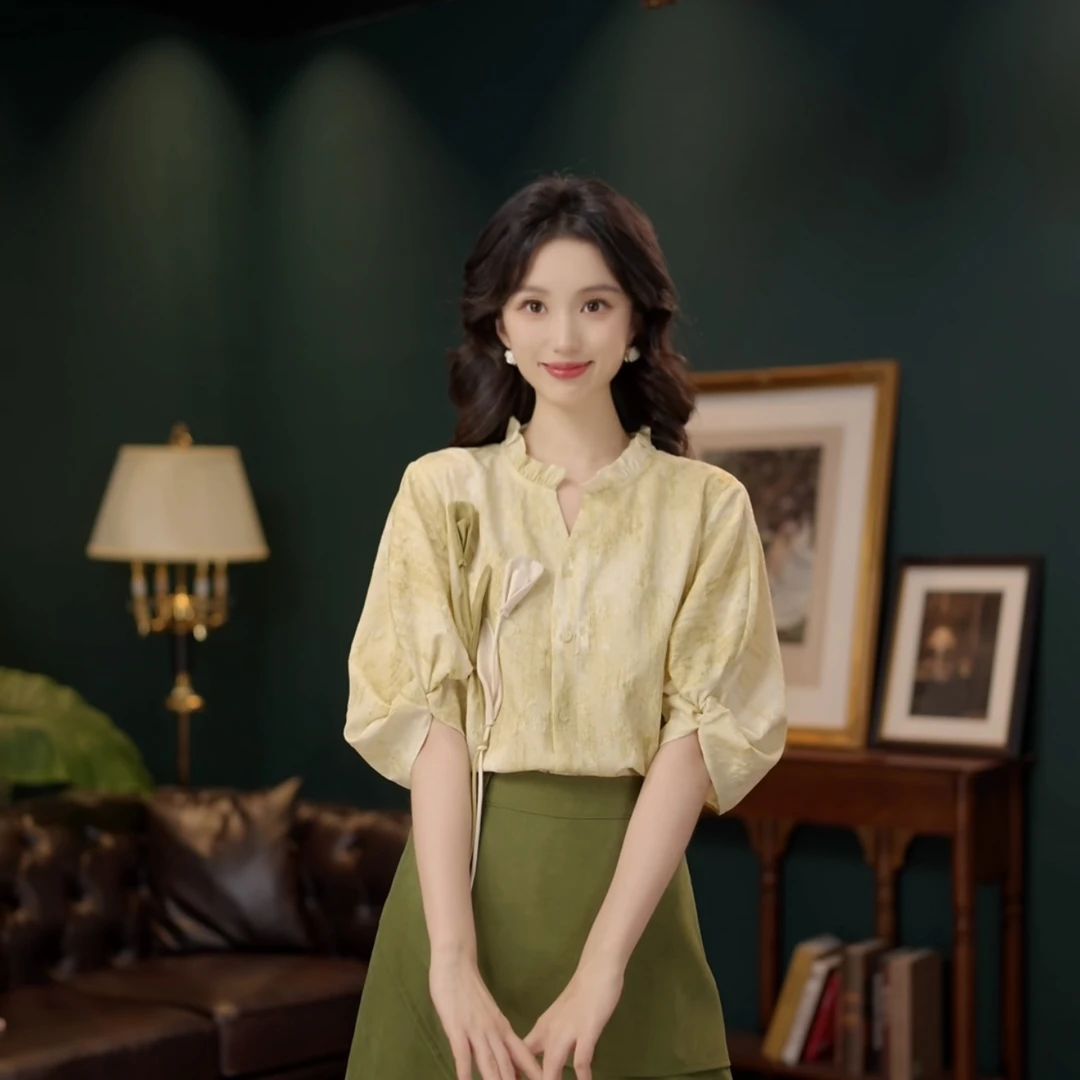 琦琦【黄昏茶话】复古小衫休闲百搭短袖衬衫女夏季上衣YE0706477