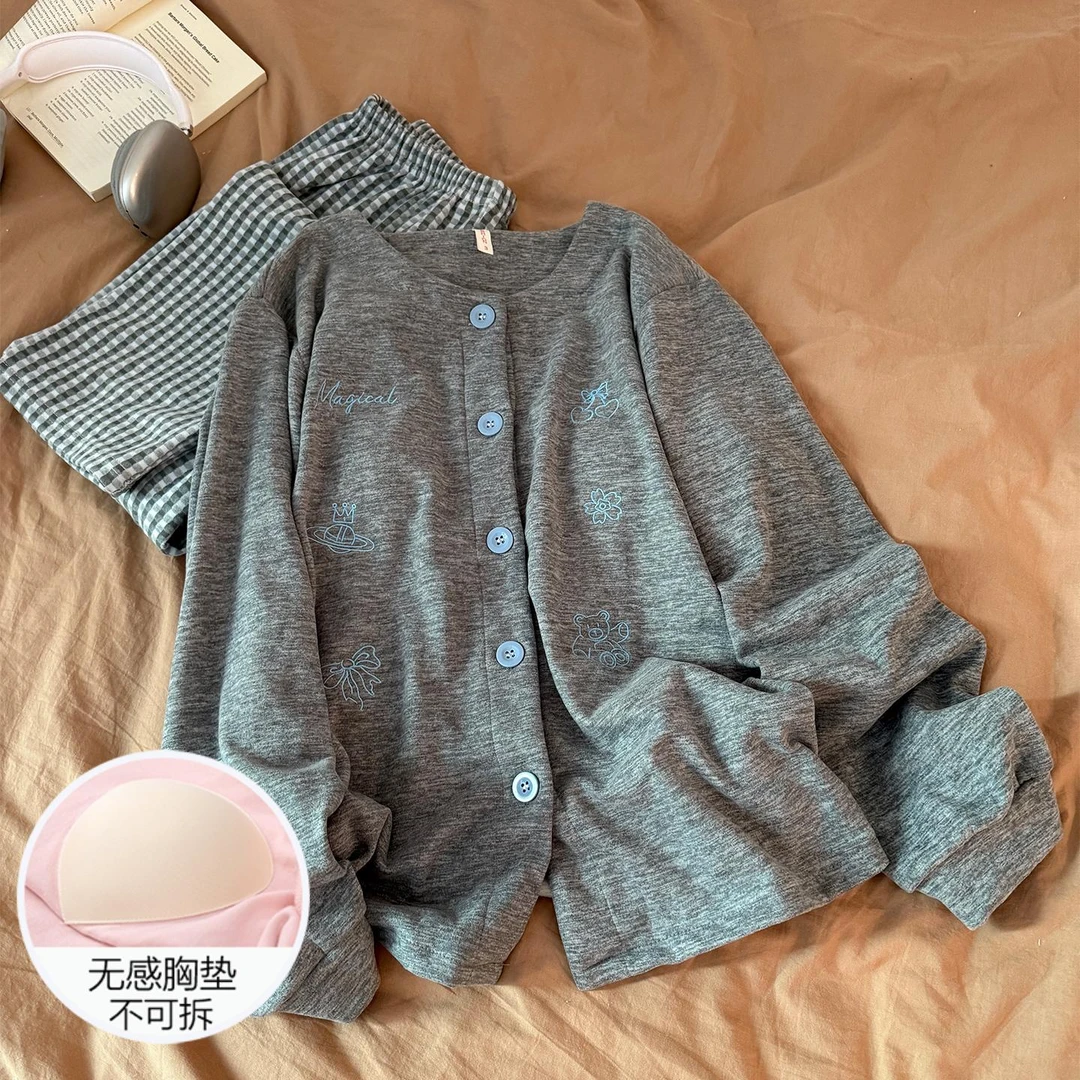 睡衣女秋冬季舒适带胸垫2025新款灰色领结熊可外穿家居服大码套装
