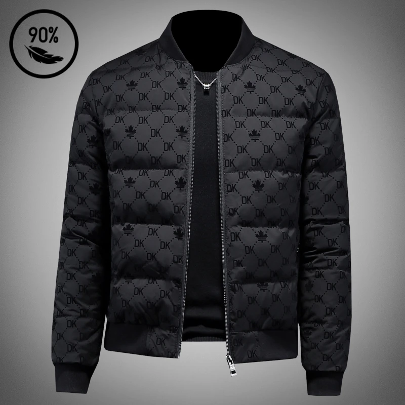 高端植绒羽绒服男士冬季新款修身印花短款棒球加厚保暖白鸭绒外套