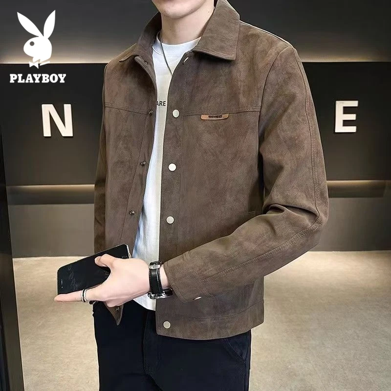 花花公子夹克外套男新款秋冬季潮牌高端休闲麂皮绒翻领男士上衣服