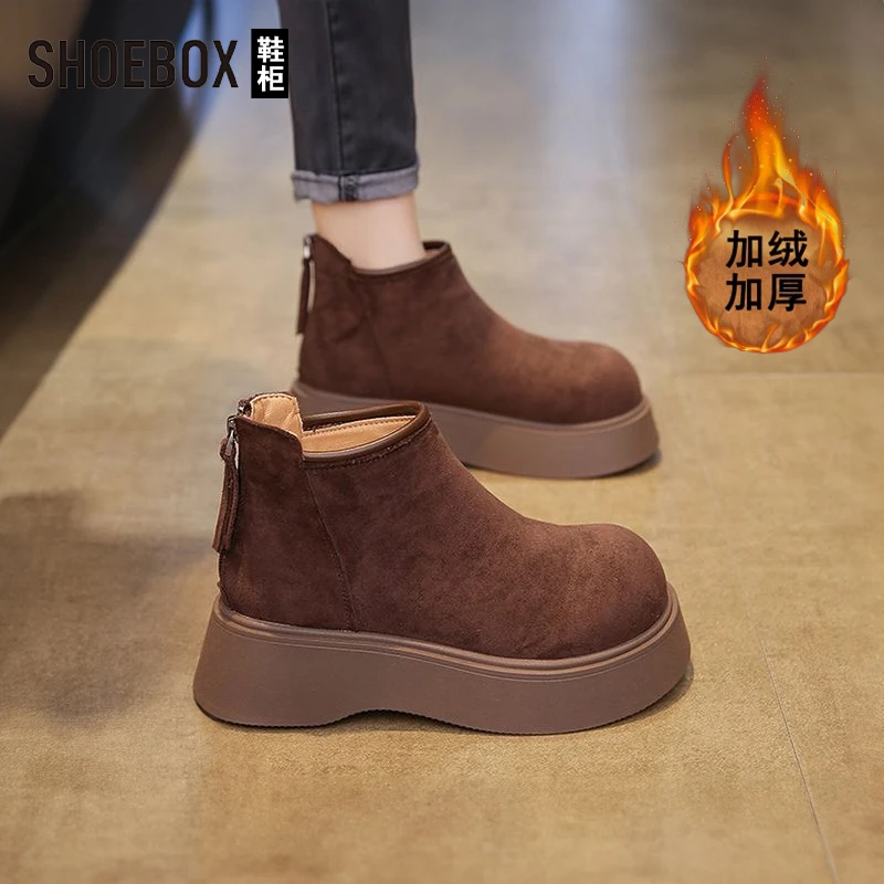 SHOEBOX鞋柜增高勃肯鞋女2025新款冬季加绒雪地靴保暖马丁靴子