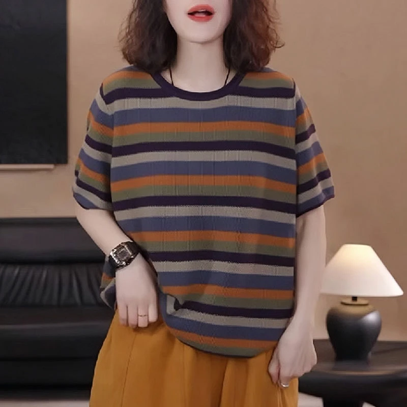 条纹t恤女短袖2025夏季新款宽松显瘦时尚洋气减龄设计感休闲上衣