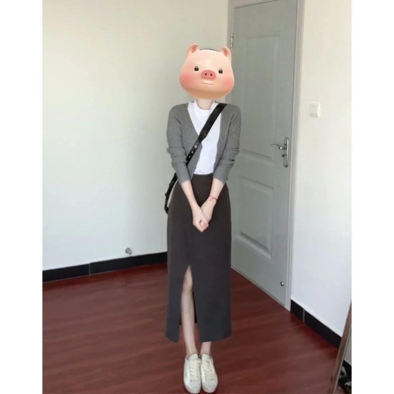 2025秋季新款韩系穿搭短款长袖针织开衫气质高腰显瘦开叉半身裙