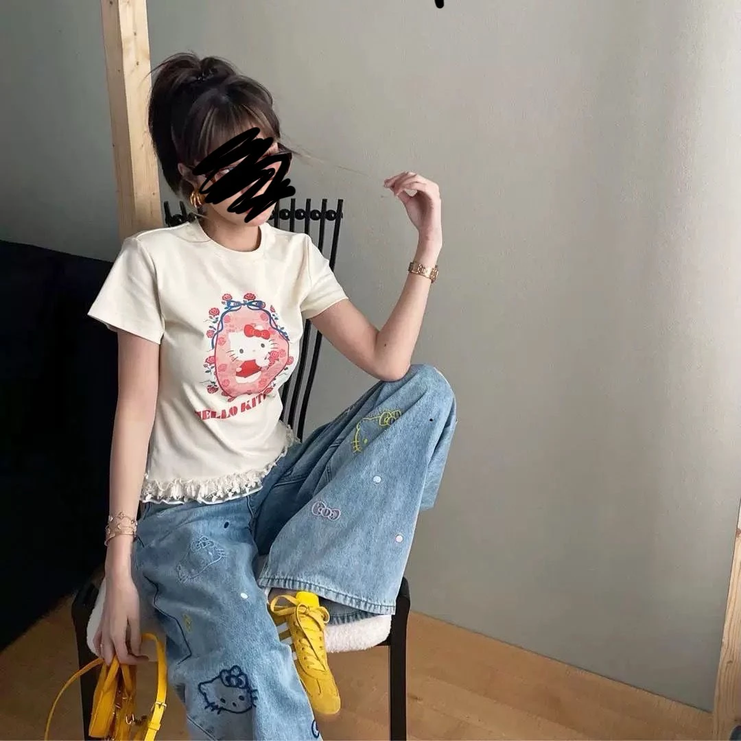 2523大码夏季新款卡通印花蕾丝花边拼接短袖（秒无运险）