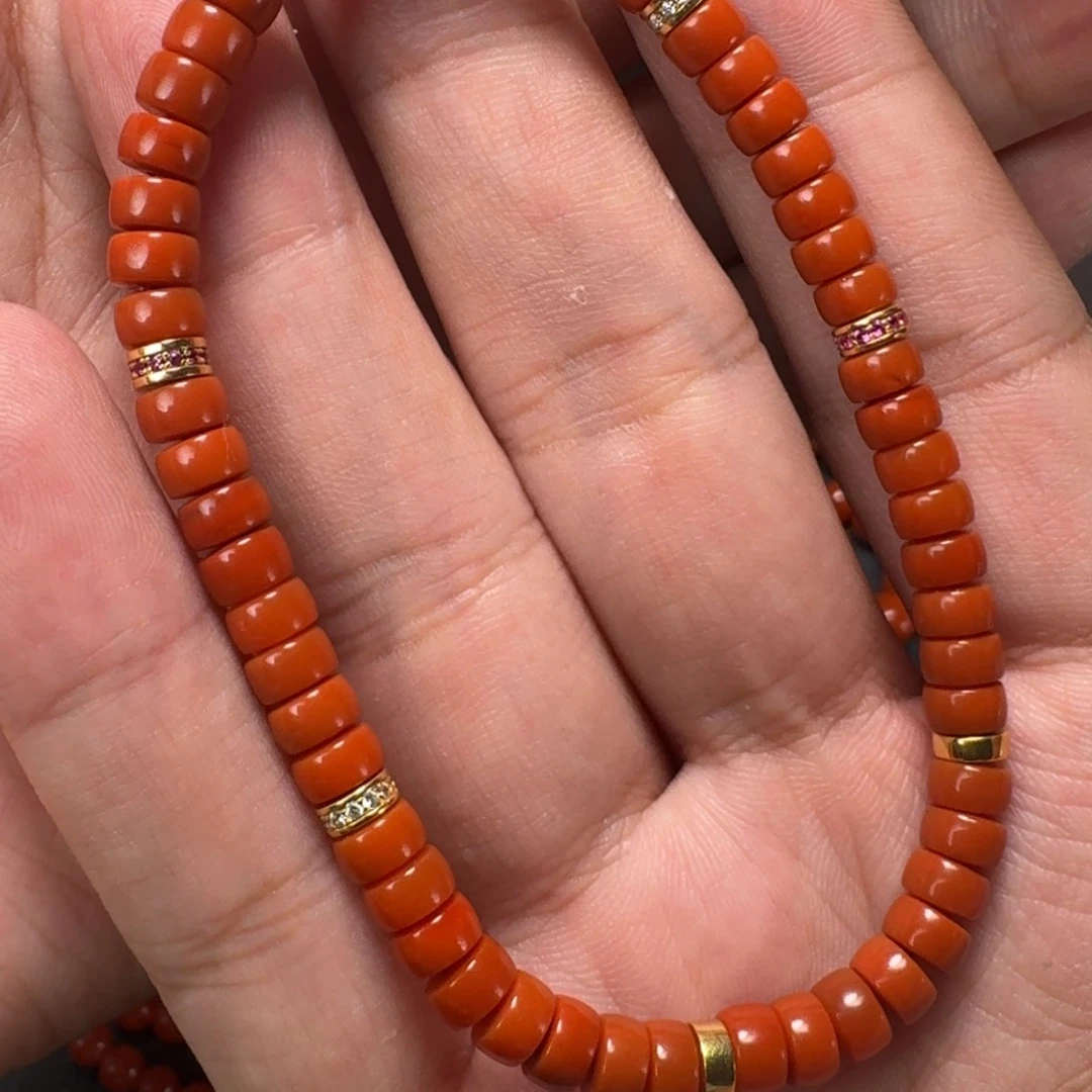 南红玛瑙手串18K金镶嵌柿子红隔片手串5➕mm