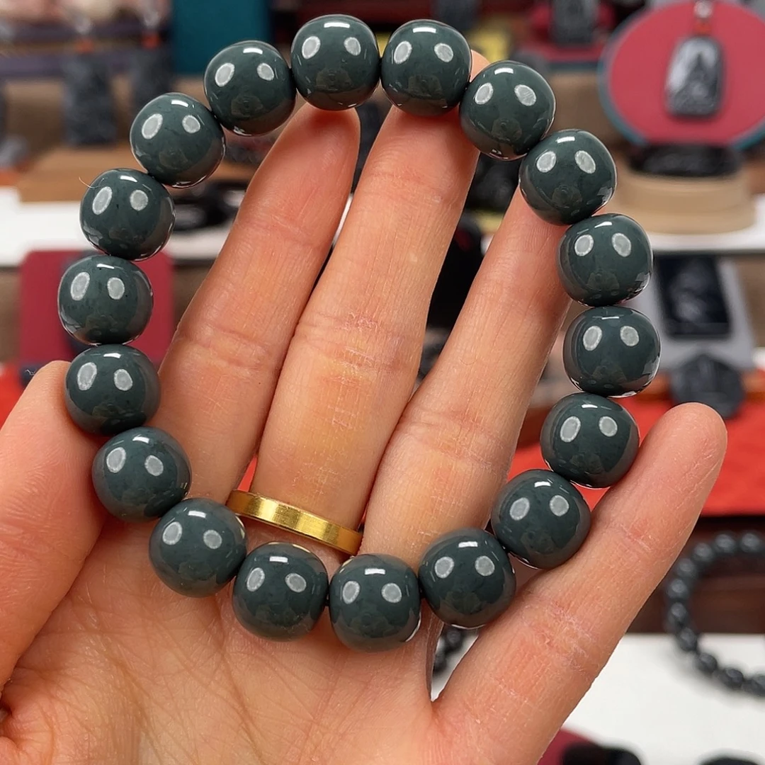 和田玉未镶嵌手串卡12精工浅色沙枣青