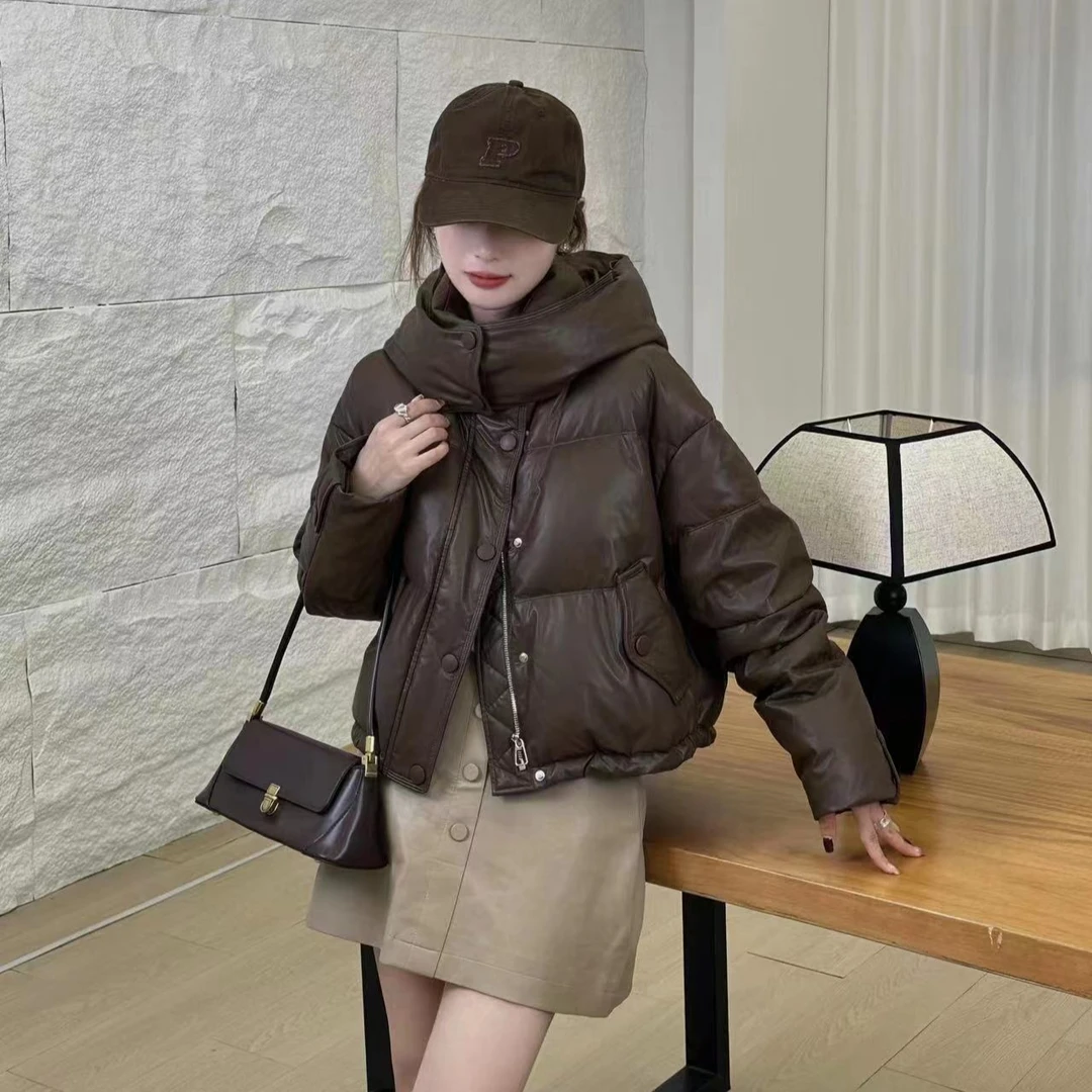 X9654【上新】PU皮连帽短款羽绒服设计感高级宽松加厚松弛感外套3D