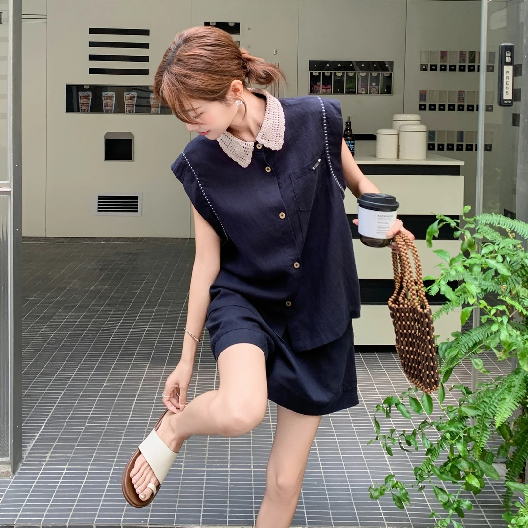 藏青色减龄拼色轻薄短袖衬衫套装女夏季2025新款小个子短裤两件套
