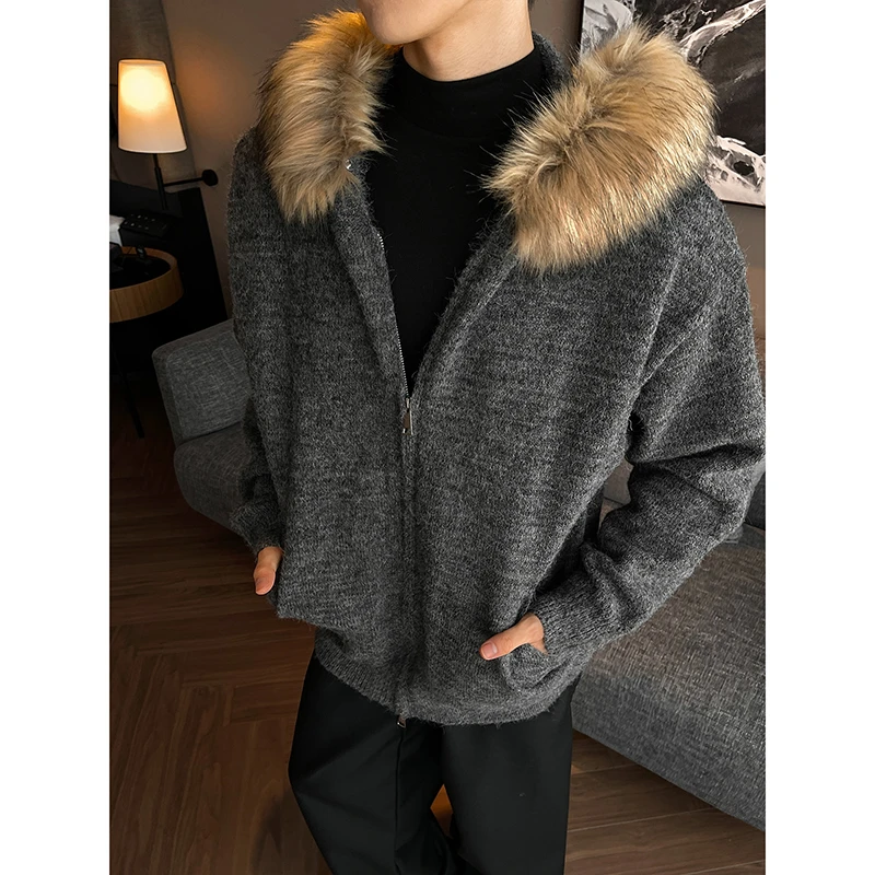 可拆卸毛领拉链开衫毛衣男款秋冬季美式座山雕高级感针织连帽外套