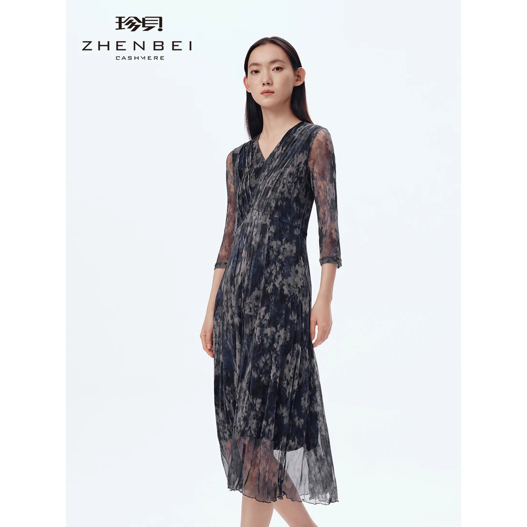 ZB/珍贝【网眼真*连衣裙】春季新款V领复古印花桑蚕丝长裙37608