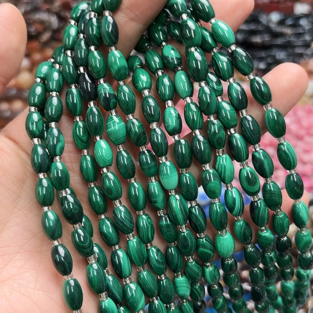 玛瑙/玉髓未镶嵌珠宝半成品6×10孔雀石米珠一条