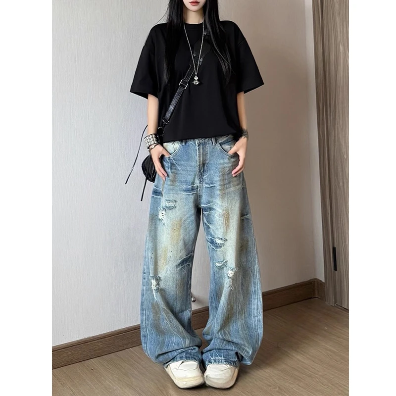 美式闪电纹破洞牛仔裤男高街vibe裤子cleanfit弯刀直筒宽松阔腿裤