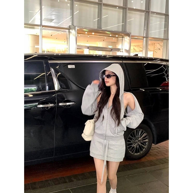 美式慵懒风休闲时尚坎肩卫衣连帽无袖短马甲背心包臀半裙三件套潮