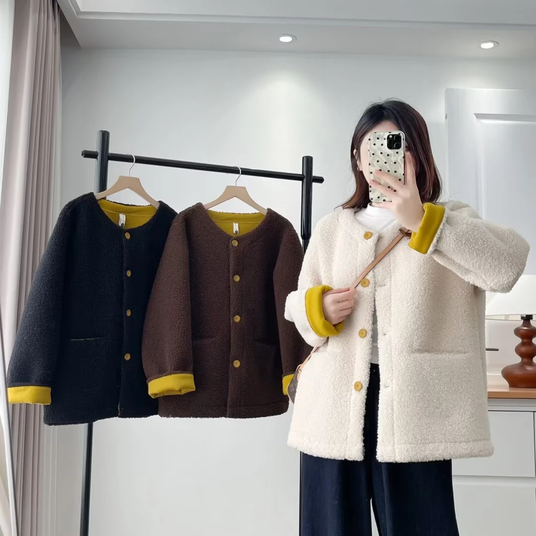 大码胖mm韩版颗粒绒外套女冬季宽松保暖上衣通勤加厚绒感外套655