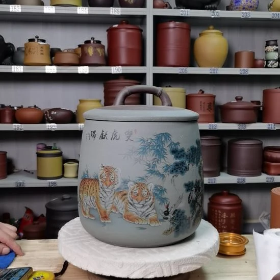 紫砂茶叶罐正品石瓢双虎献瑞13