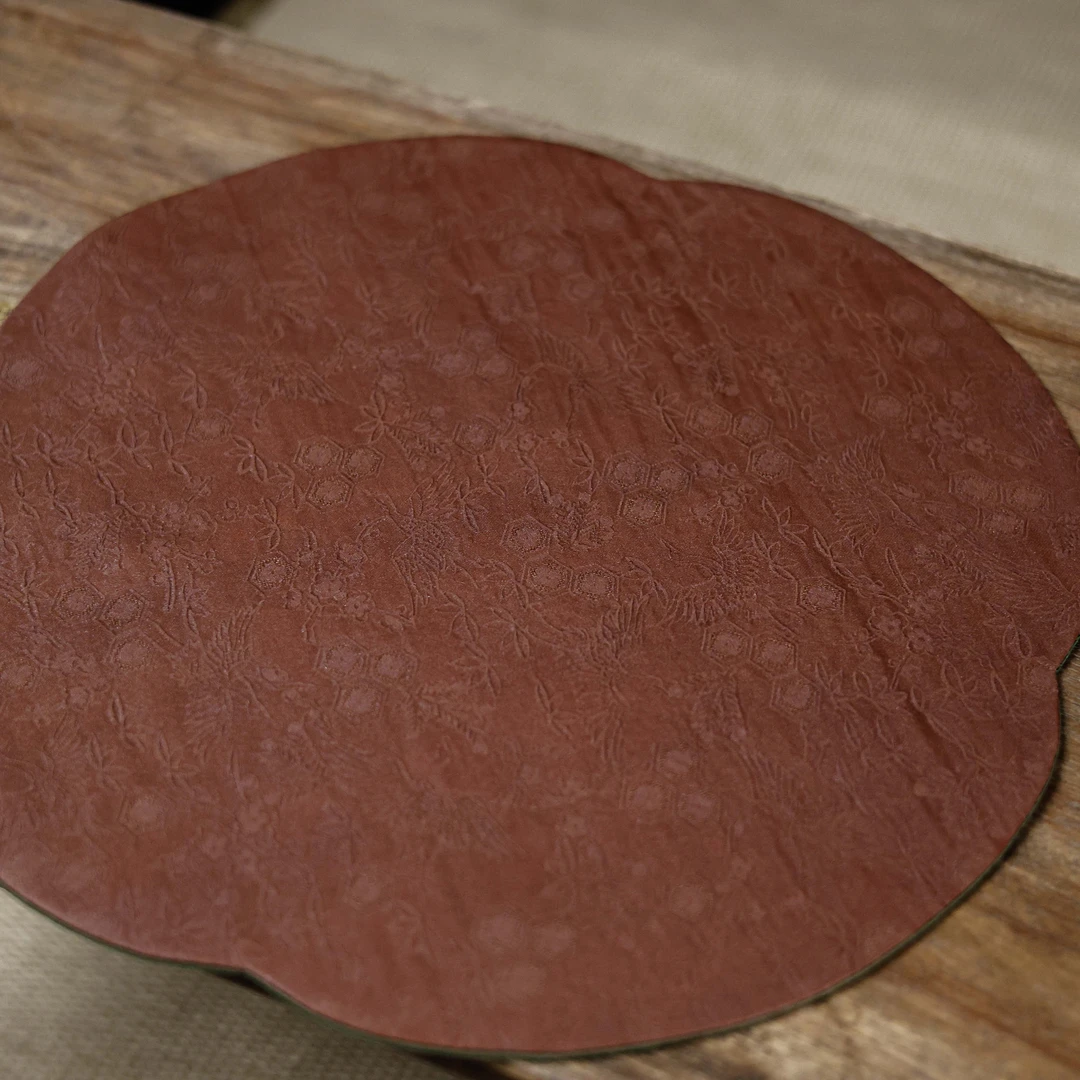 【见珊】绿色海棠真丝香云纱茶席/反面红云纱鹤寻三友（慢蓝S0995）