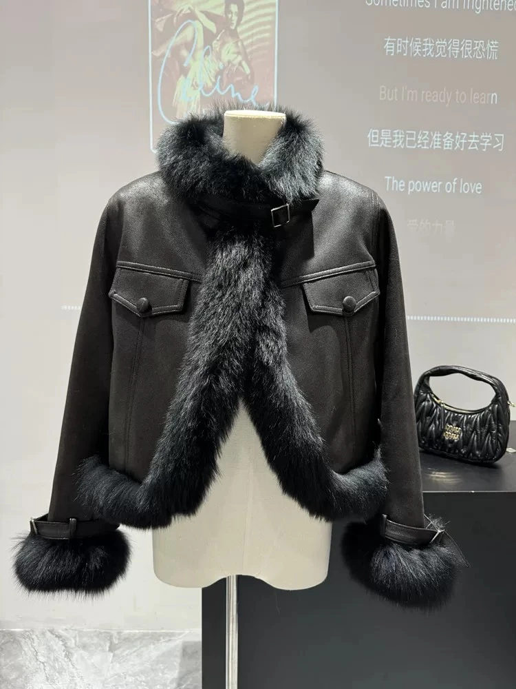 【琪琪】2025年狐狸毛皮草短款外套机车白鹅绒麂皮绒暖冬夹克25021