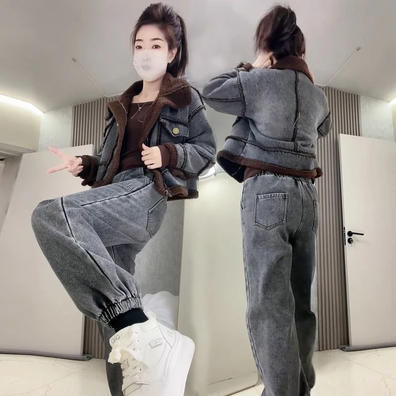 冬季洋气加绒牛仔休闲套装68159时尚百搭网红韩版加厚上衣+束脚裤